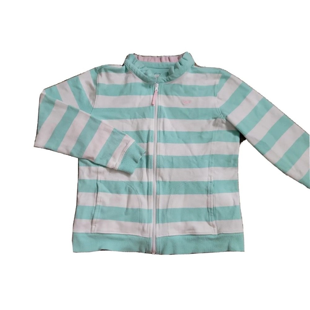 Vineyard Vines SZ L (14) Girls Full Zip  Aqua/White Stripe Youth Ruffle Neck LS